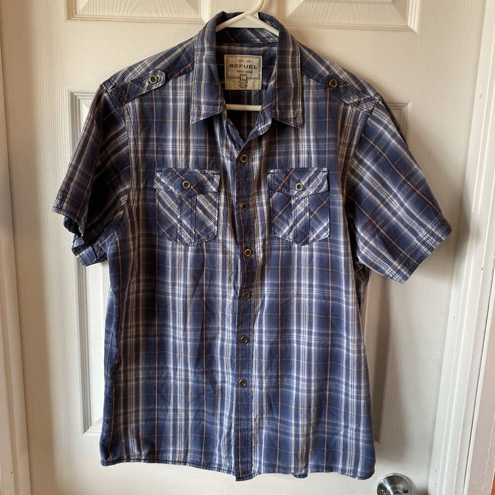 Refuel New York Men’s Large  Button Down Short Sleeve Plaid Shirt Metal Button